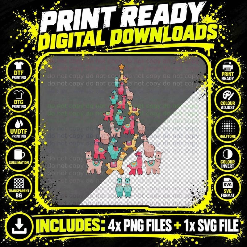 Llama Christmas Tree Family Matching Santa Alpaca Llama Png SVG Digital Bundle