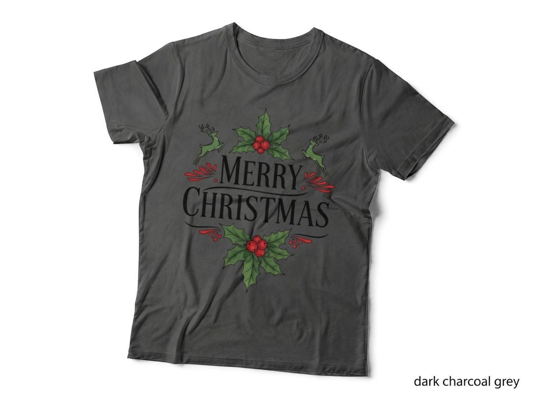 MERRY Christmas Black Text with Holly, Berries, Green Flying Reindeer T-Shirt