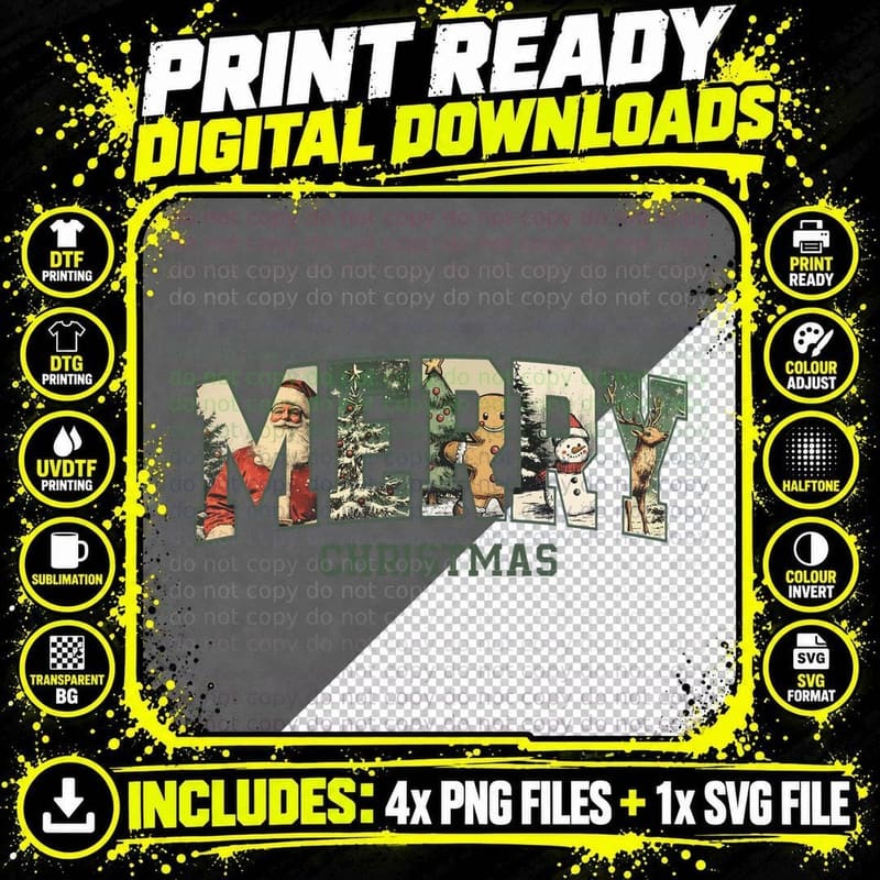 MERRY Christmas Vintage Letters Santa, Gingerbread Png SVG Digital Bundle