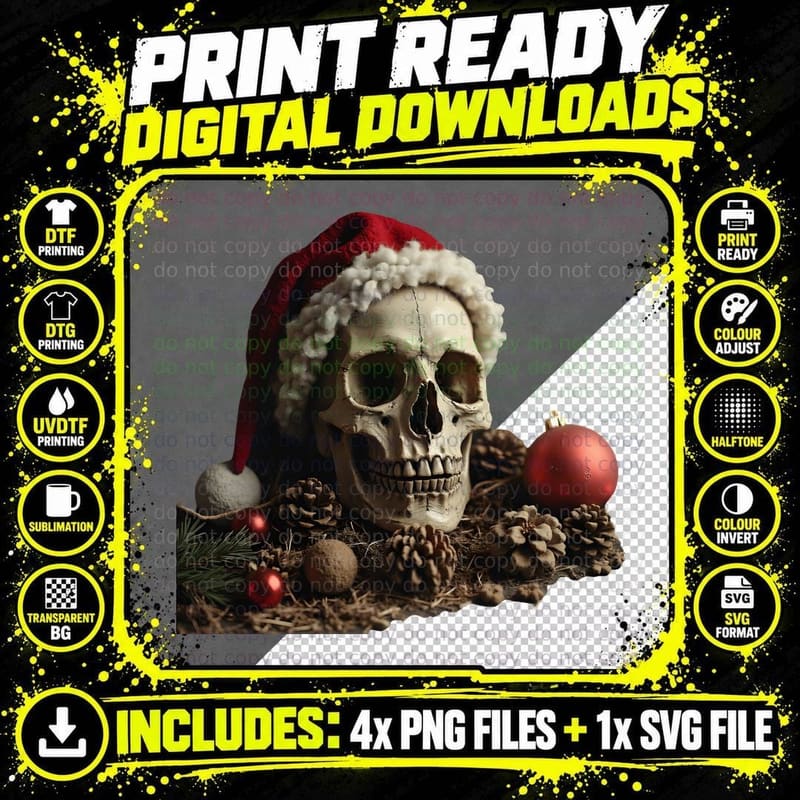 Macabre Skull Santa Hat Festive Christmas T-Shirt Png SVG Digital Bundle