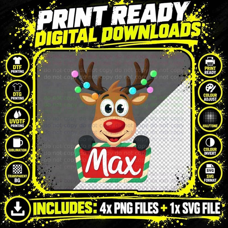 Max Custom Reindeer Peeking Christmas Kids Lights T-Shirt Png SVG Digital Bundle