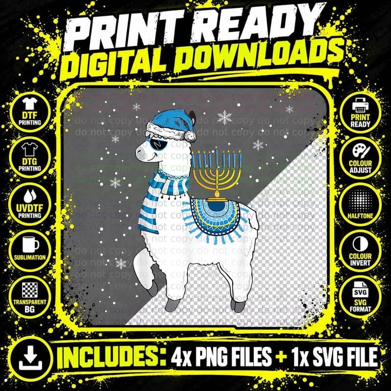 Menorah Hanukkah Llama Cute Alpaca Chanukah Christmas Png SVG Digital Bundle