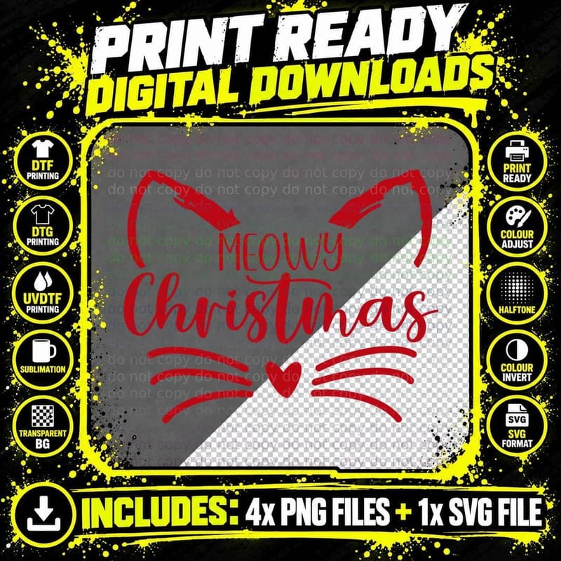 Meowy Christmas Cute Kitty Heart Whiskers Red Graphic Png SVG Digital Bundle