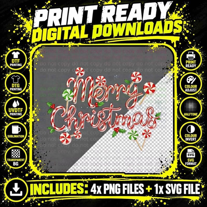 Merry Christmas Candy Cane Font with Lollipops and Holly Png SVG Digital Bundle