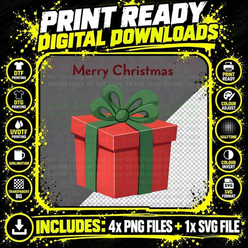 Merry Christmas Gift Box with Ribbon Holiday T-Shirt Png SVG Digital Bundle