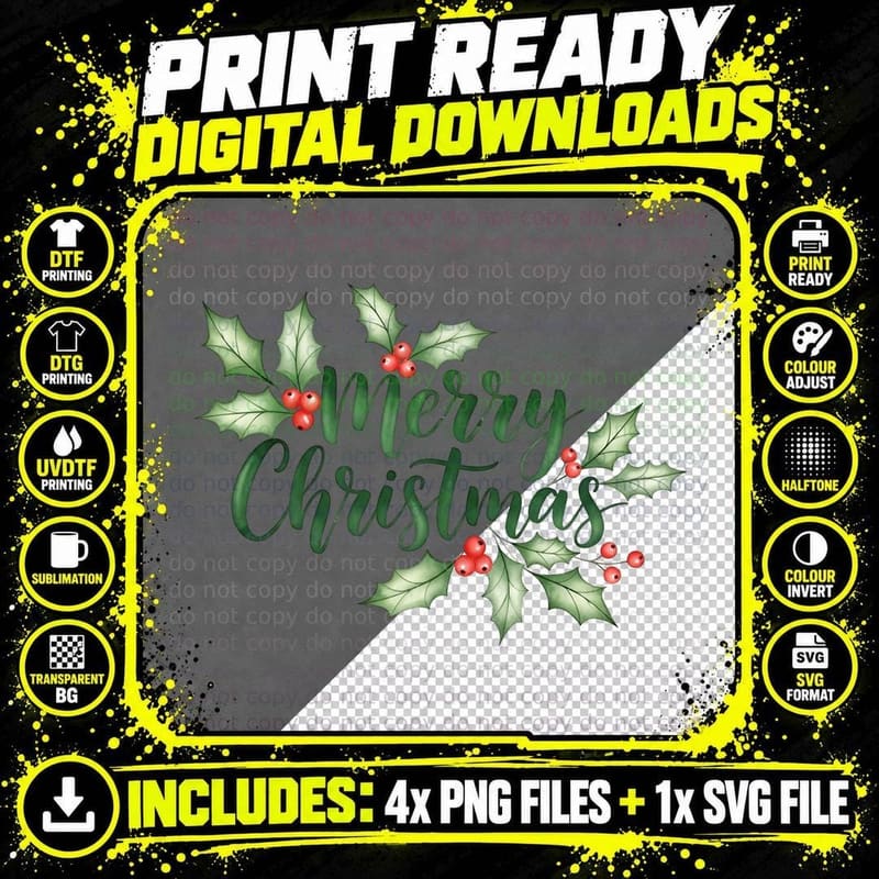 Merry Christmas Green Calligraphy with Holly and Berries Png SVG Digital Bundle