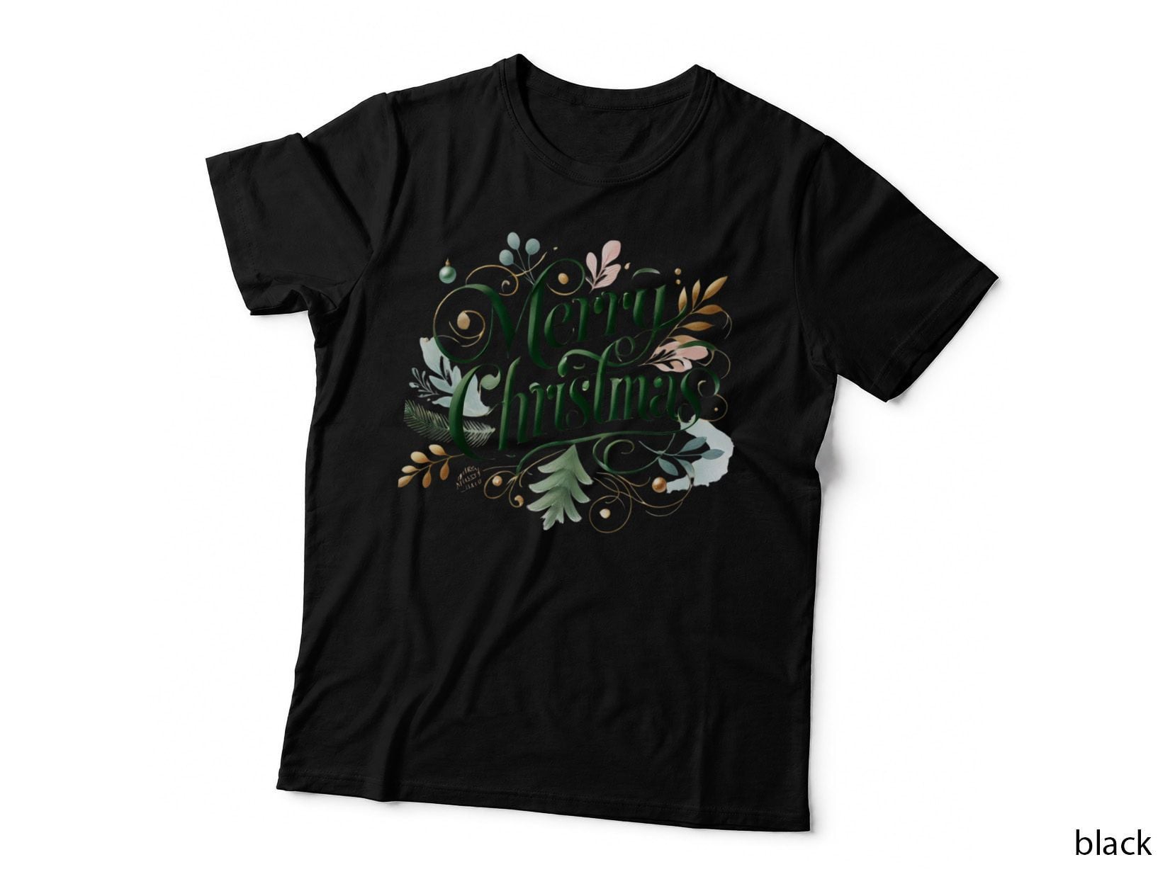 Merry Christmas Green Calligraphy with Wreath and Gold Accents T-Shirt