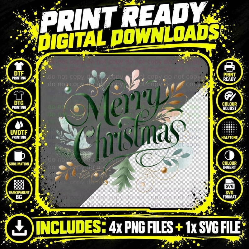 Merry Christmas Green Calligraphy with Wreath and Gold Png SVG Digital Bundle