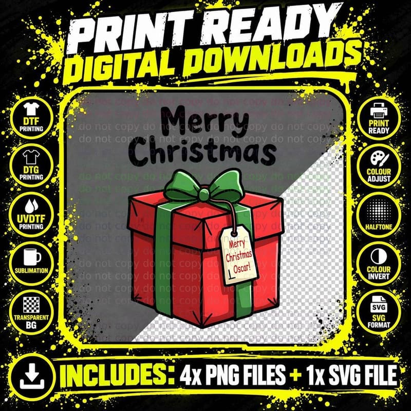 Merry Christmas Oscar Personalised Gift Box T-Shirt Png SVG Digital Bundle