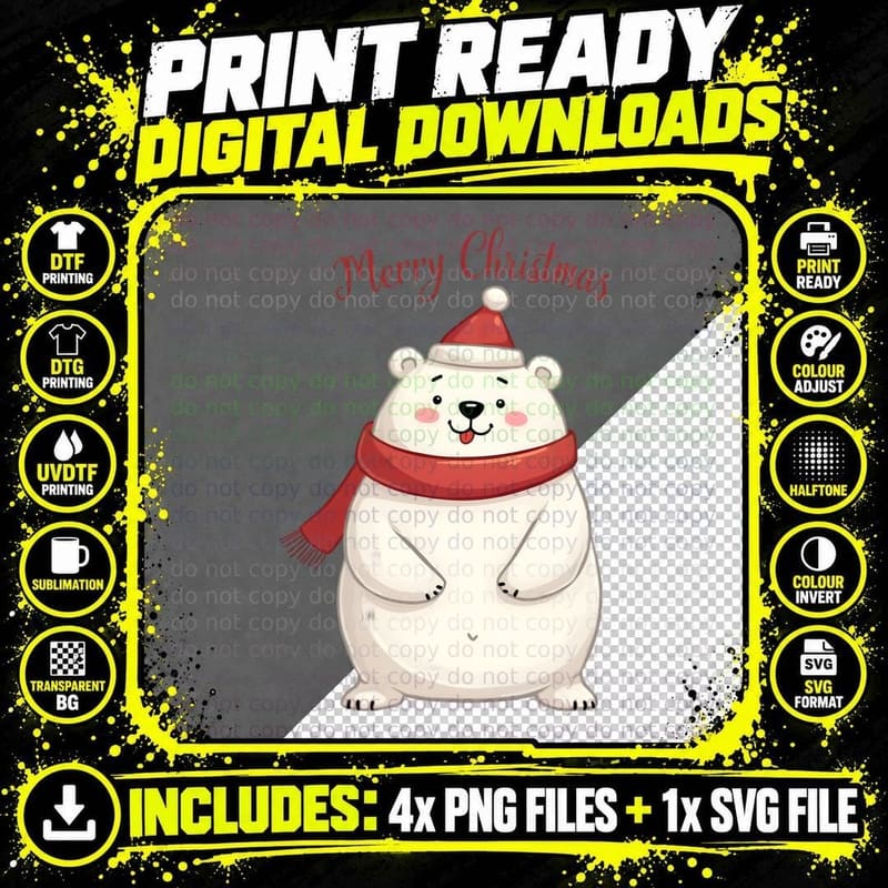 Merry Christmas Polar Bear Santa Hat Funny T-Shirt Png SVG Digital Bundle