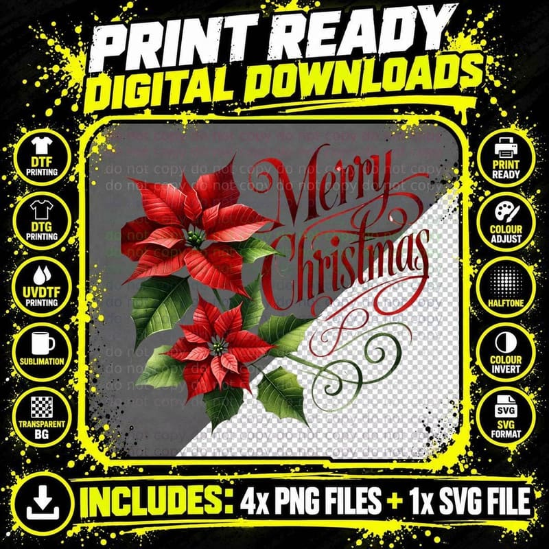 Merry Christmas Red Calligraphy with Poinsettia and Png SVG Digital Bundle