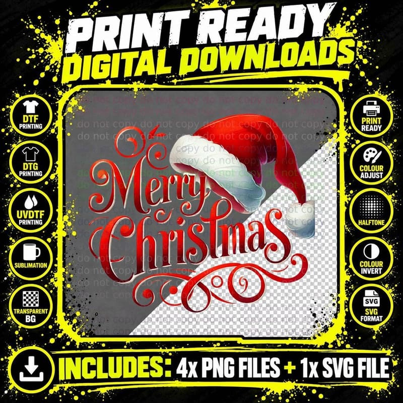 Merry Christmas Red Calligraphy with a Santa Hat Holiday Png SVG Digital Bundle