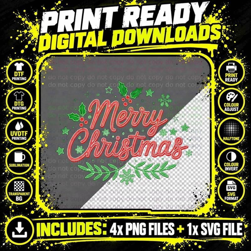 Merry Christmas Red Script with Holly, Snowflakes, Stars Png SVG Digital Bundle