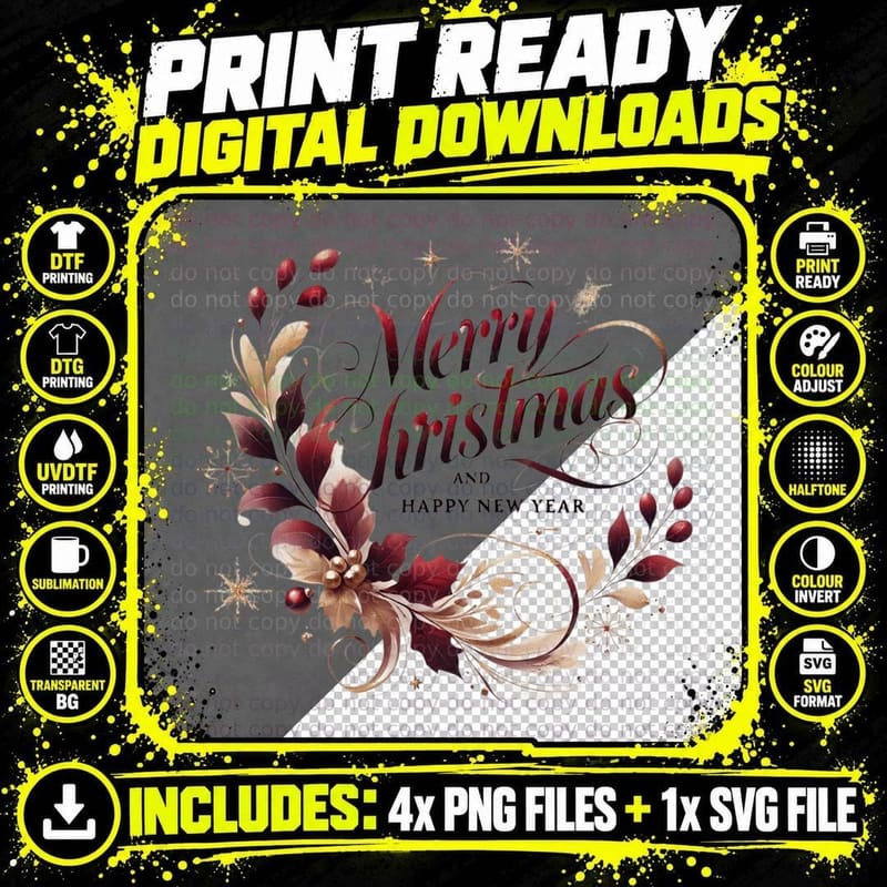 Merry Christmas and Happy New Year Red Wreath Holiday Png SVG Digital Bundle
