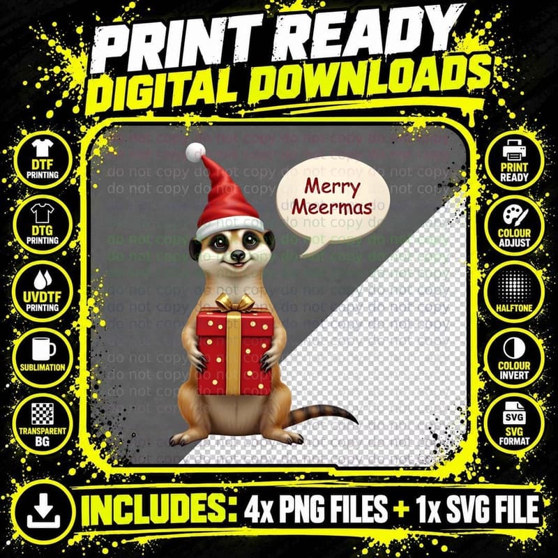 Merry Meermas Christmas Meerkat Santa Hat Gift Box Png SVG Digital Bundle