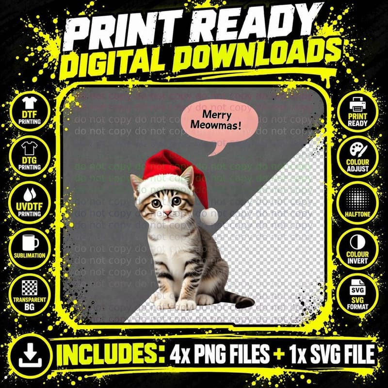 Merry Meowmas Tabby Kitten Santa Hat Christmas T-Shirt Png SVG Digital Bundle