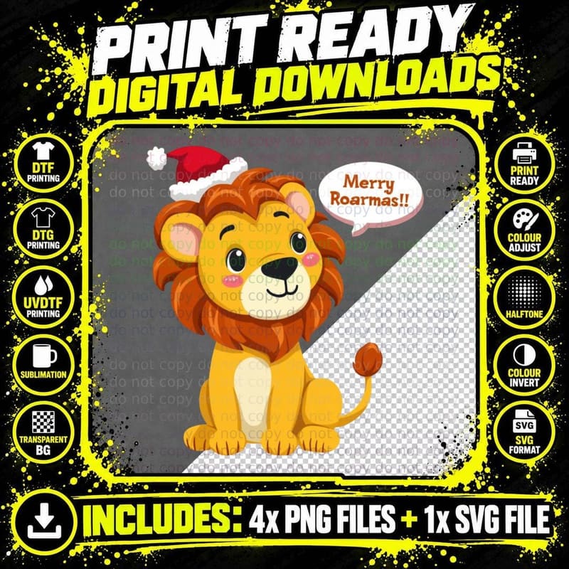 Merry Roarmas Lion, Cute Cartoon Santa Lion Png SVG Digital Bundle