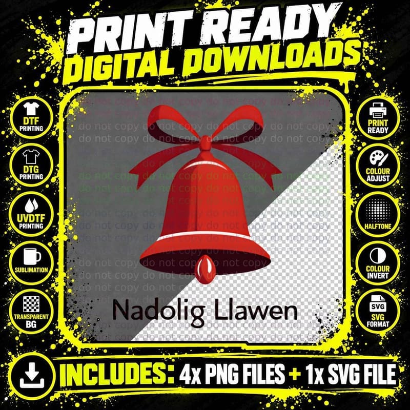 Modern Welsh Llawen Christmas Bell T-Shirt Png SVG Digital Bundle