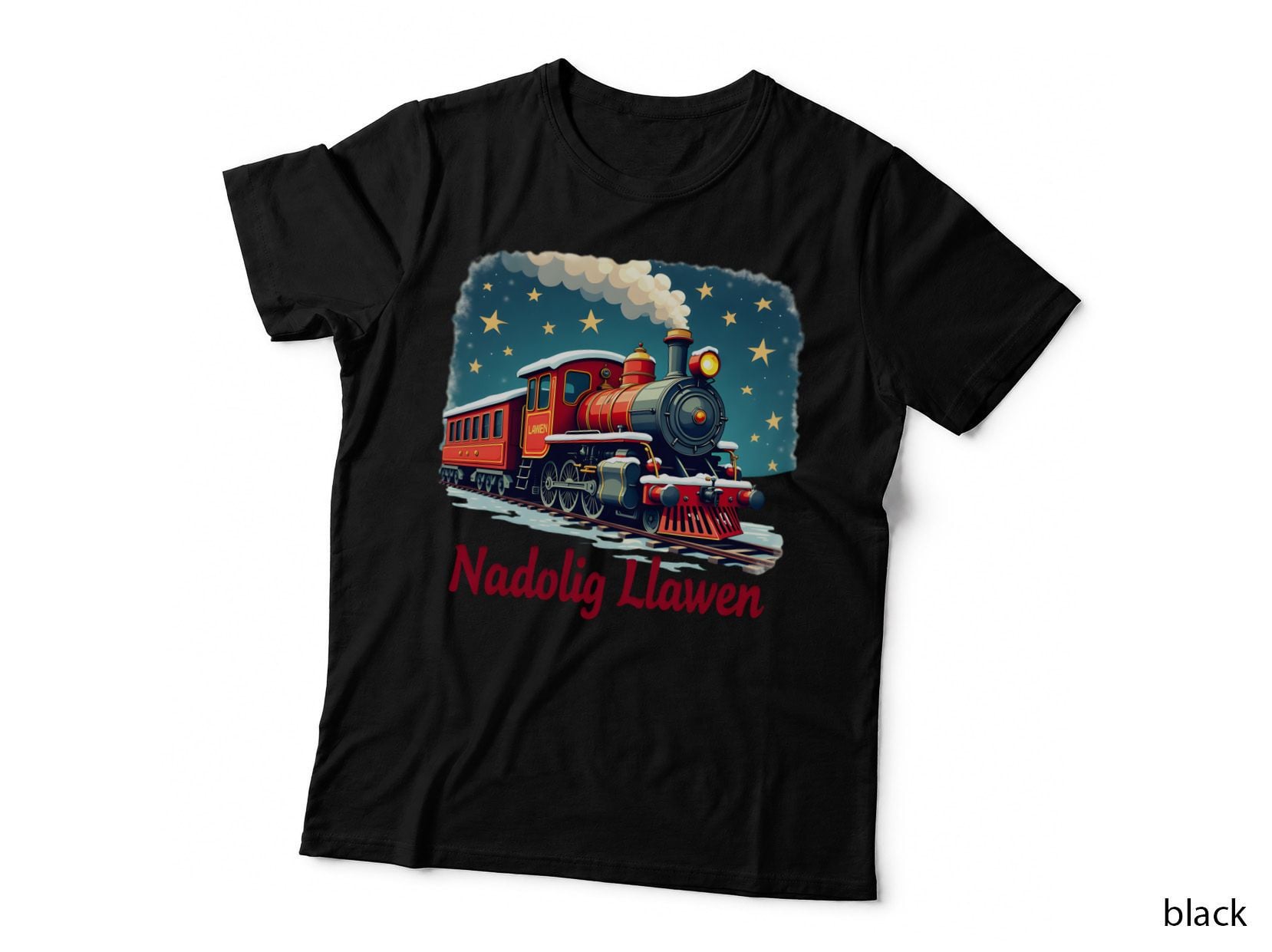 Nadolig Llawen Christmas Locomotive Train Stars Snowflakes Welsh Holiday T-Shirt