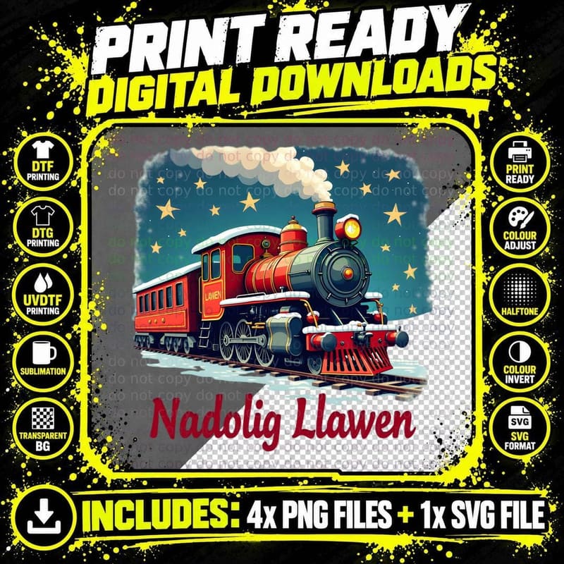 Nadolig Llawen Christmas Locomotive Train Stars Png SVG Digital Bundle