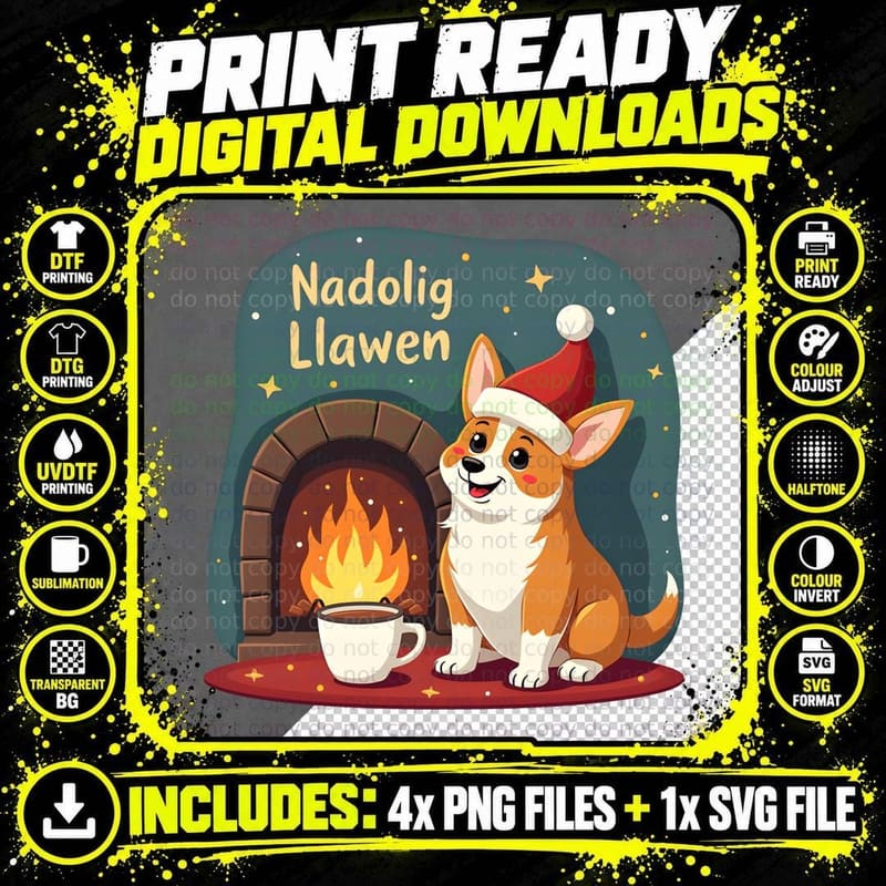 Nadolig Llawen Corgi with Santa Hat T-Shirt Png SVG Digital Bundle