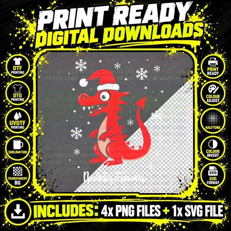 Nadolig Llawen Cute Welsh Dragon Santa Hat Snowflake Png SVG Digital Bundle