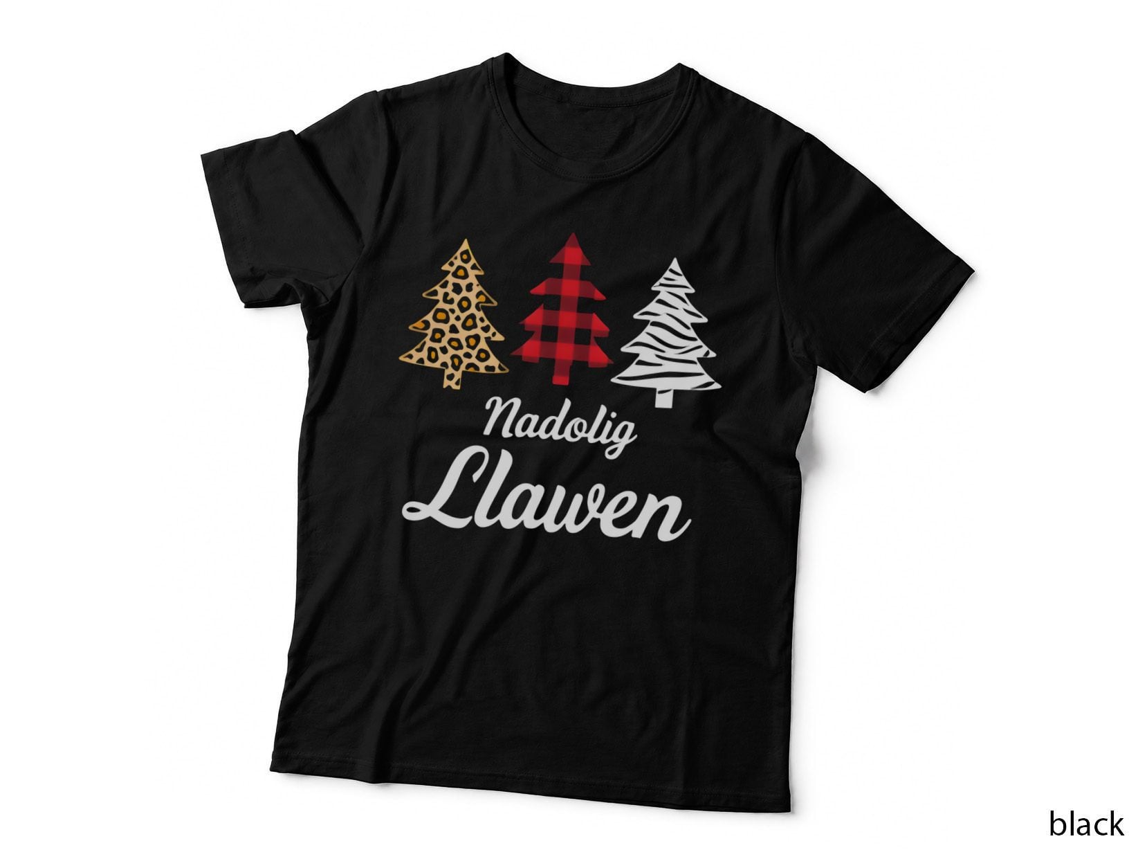 Nadolig Llawen Leopard Plaid Zebra Christmas Trees Welsh Holiday T-Shirt
