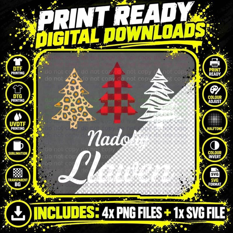 Nadolig Llawen Leopard Plaid Zebra Christmas Trees Welsh Png SVG Digital Bundle