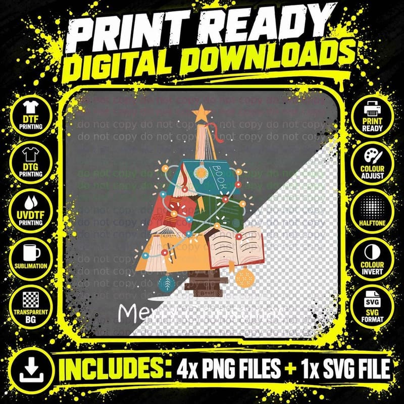 Book Lover Christmas Tree Bookworm Librarian Merry Png SVG Digital Bundle