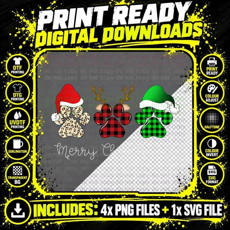 Buffalo Plaid Print Dog Paw Dog Lover Merry Christmas Png SVG Digital Bundle