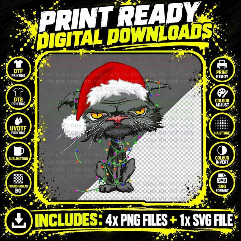 Cat Christmas Lights Bored Cat Santa Hat Funny Catmas Png SVG Digital Bundle