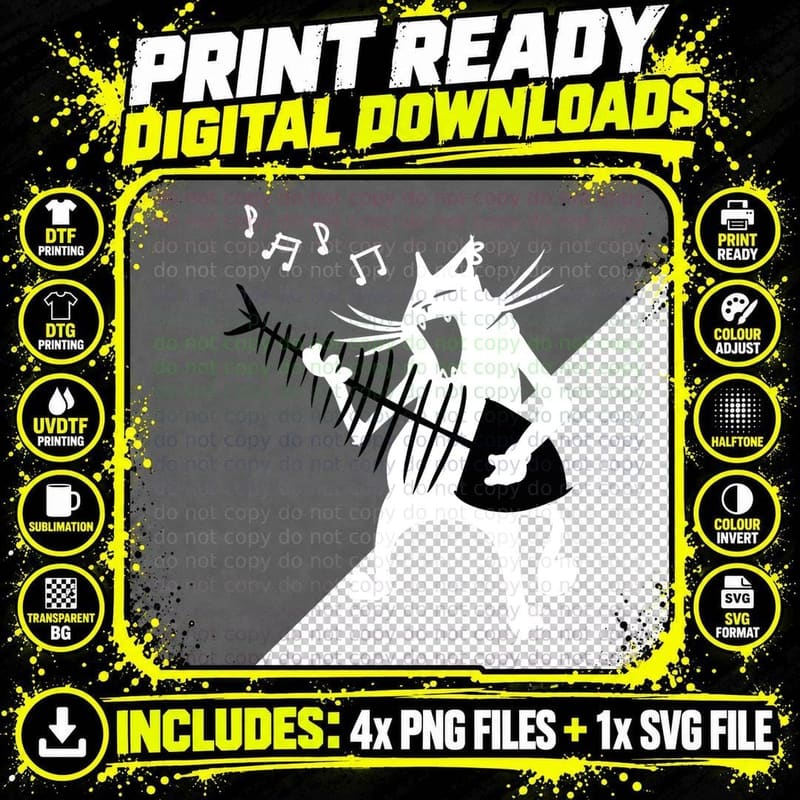 Cat Playing Guitar Music Lover Rock Roll Christmas Gift Png SVG Digital Bundle