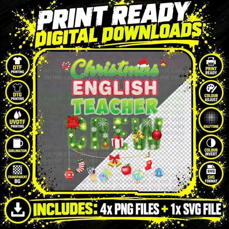 Christmas English Teacher Crew Merry Pine Tree Xmas Png SVG Digital Bundle
