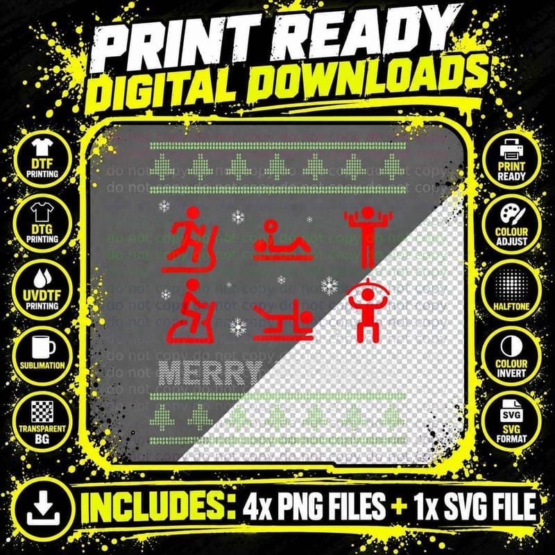 Christmas Gym Workout Fitness Exercises Merry Fitness Png SVG Digital Bundle