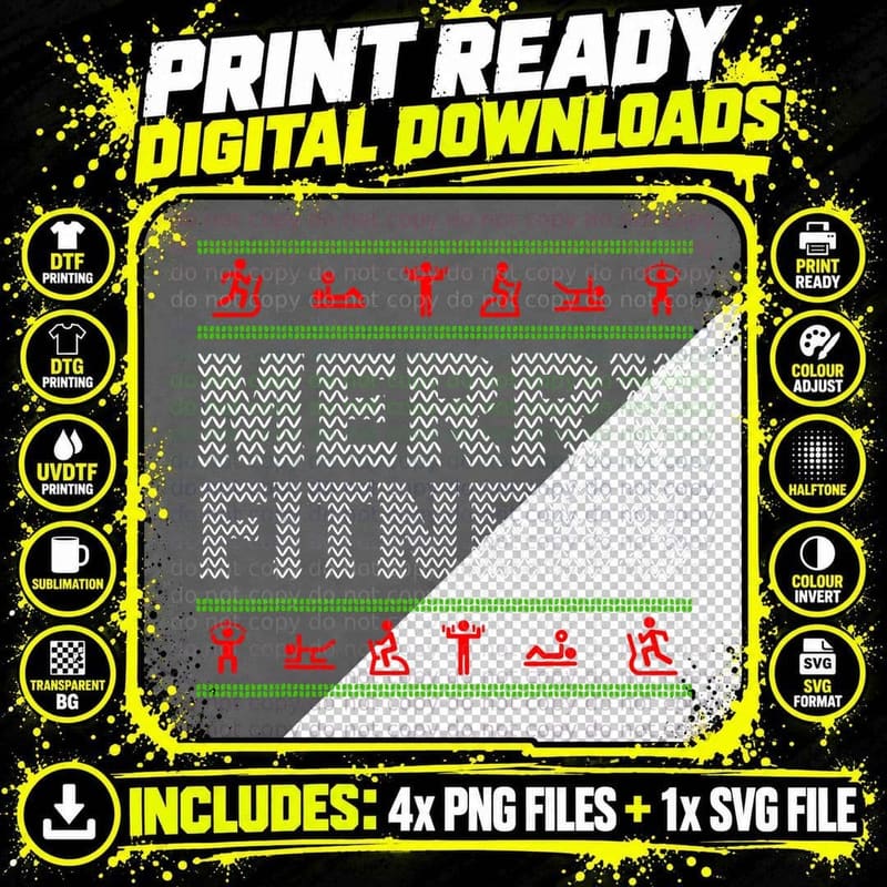 Christmas Gym Workout Weight Training Merry Fitness Png SVG Digital Bundle