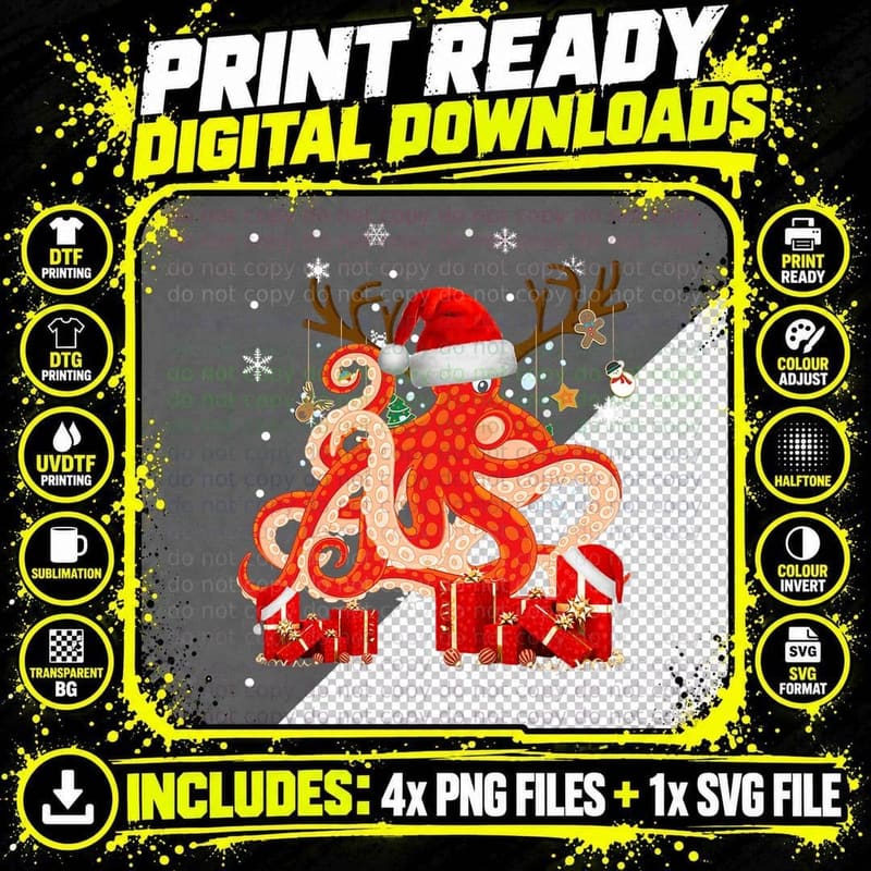 Christmas Octopus Funny Santa Reindeer Octopus Lover Png SVG Digital Bundle