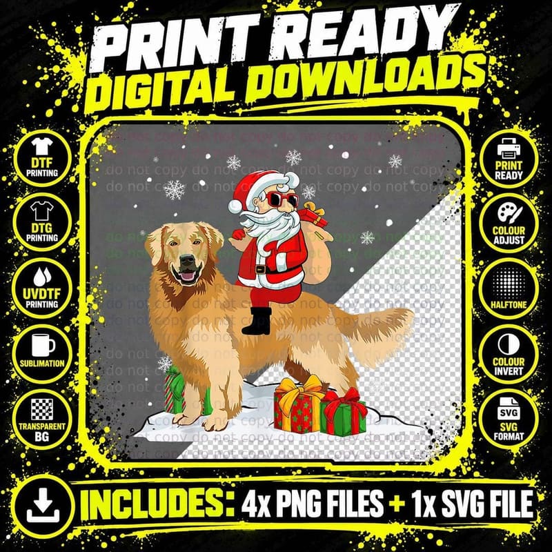 Christmas Santa Claus Riding Golden Retriever Xmas Png SVG Digital Bundle
