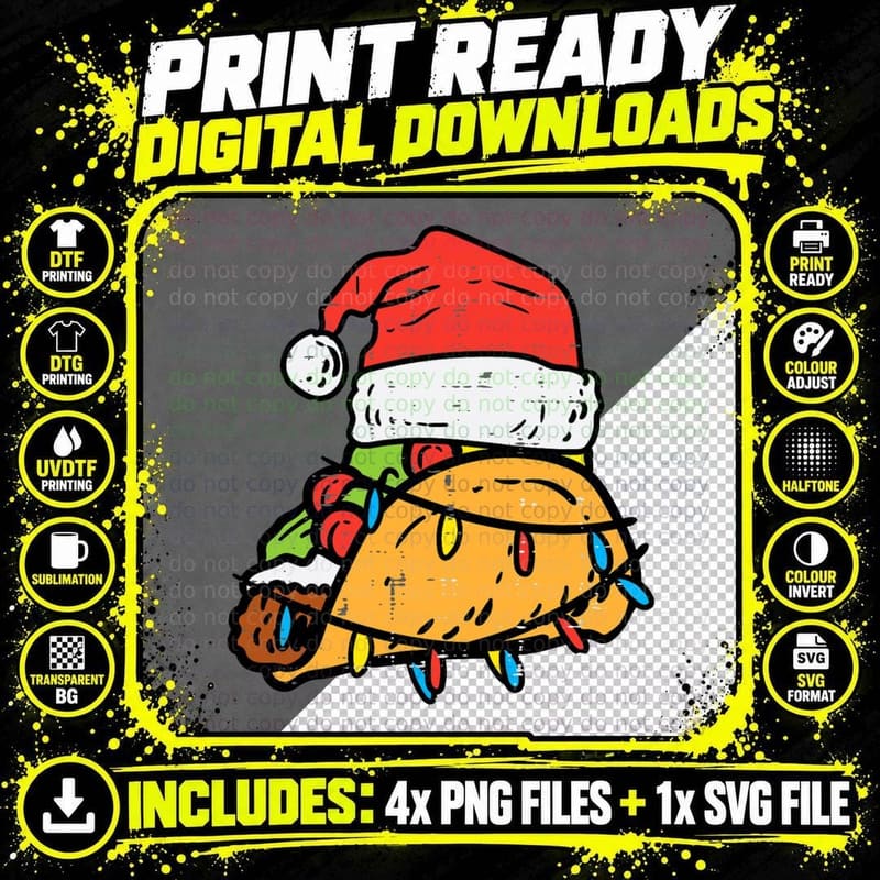 Christmas Tacos Santa Funny Mexican Food Xmas Men Women Png SVG Digital Bundle