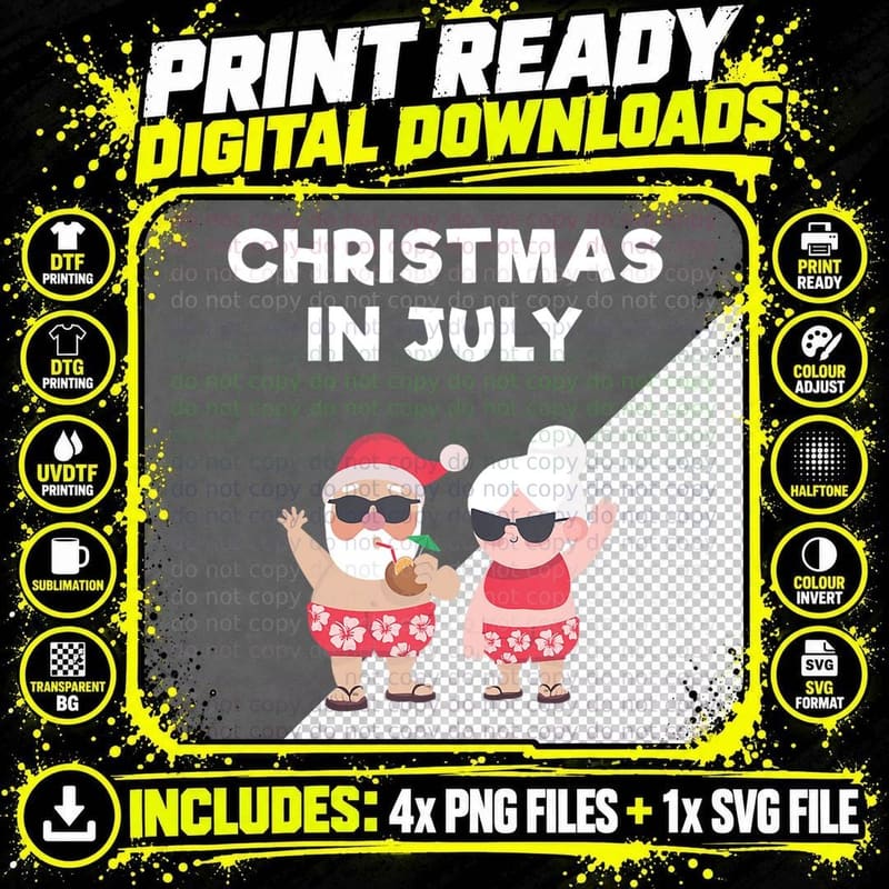Christmas in July Funny Mr and Mrs Santa Claus Beach Png SVG Digital Bundle
