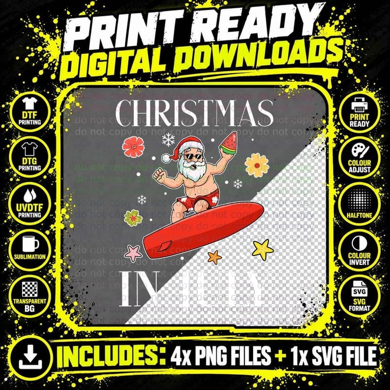 Christmas in July Funny Santa Surfing Summer Surfer Png SVG Digital Bundle