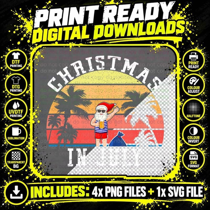 Christmas in July Funny Vintage Santa Summer Beach Png SVG Digital Bundle