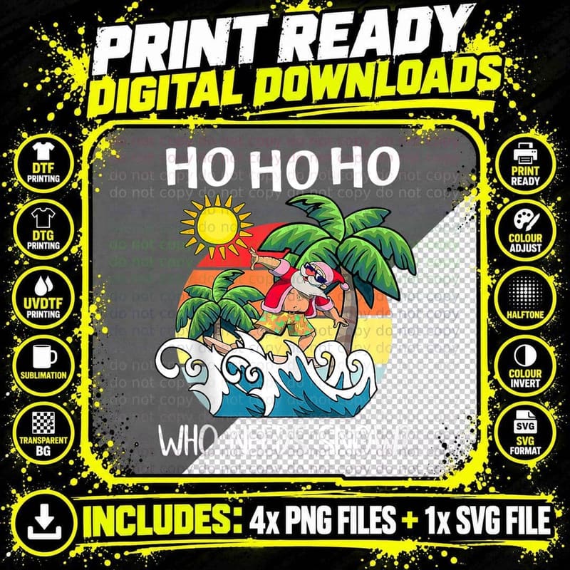 Christmas in July Santa Surfing Summer Beach Vacation Png SVG Digital Bundle