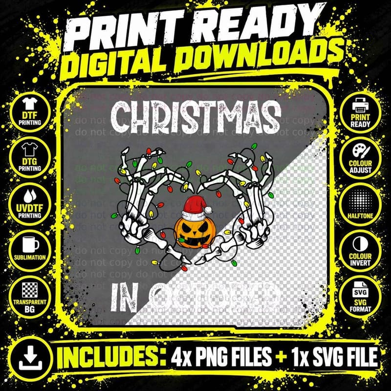 Christmas in October Skeleton Hands Pumpkin Santa Hat Png SVG Digital Bundle