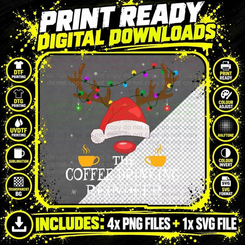 Coffee Drinking Reindeer Family Matching Christmas Funny Png SVG Digital Bundle