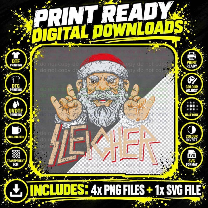 Cool Sleigher Santa Funny Christmas Heavy Metal Music Png SVG Digital Bundle