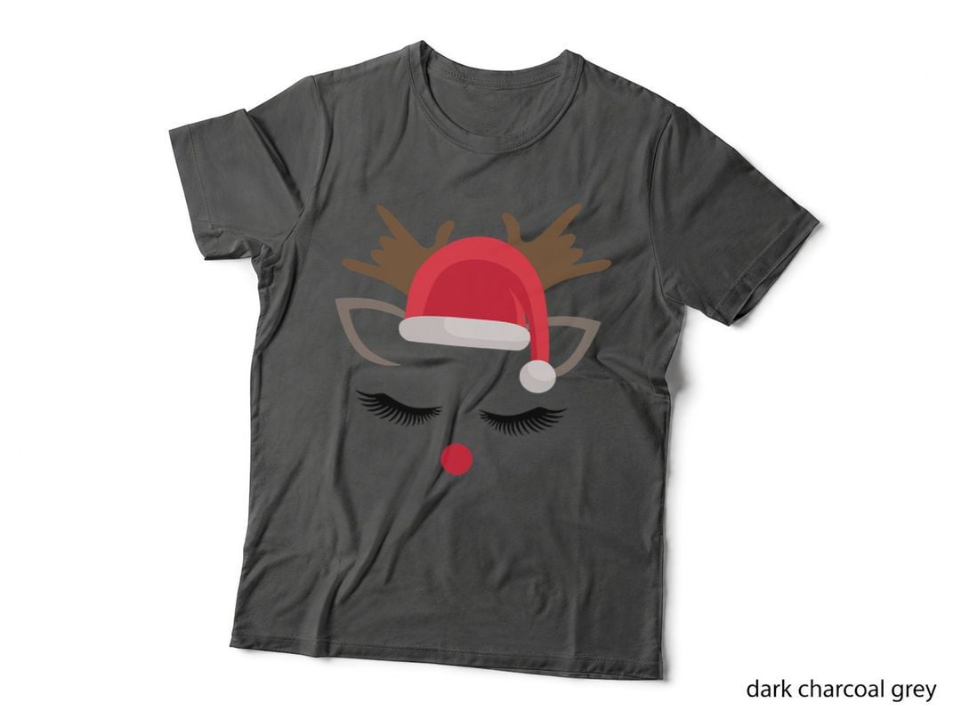Cute Rudolph Reindeer Face Merry Christmas Santa Hat Eyelash T-Shirt