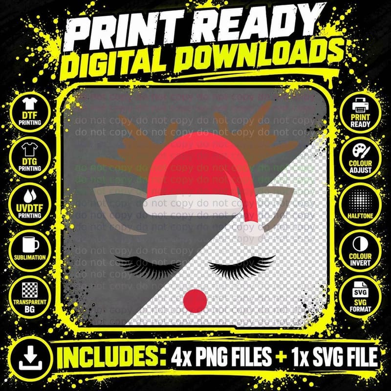 Cute Rudolph Reindeer Face Merry Christmas Santa Hat Png SVG Digital Bundle