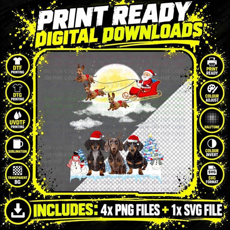 Dachshund Funny Reindeer Christmas Moon Santa Dog T-Shirt Png SVG Digital Bundle