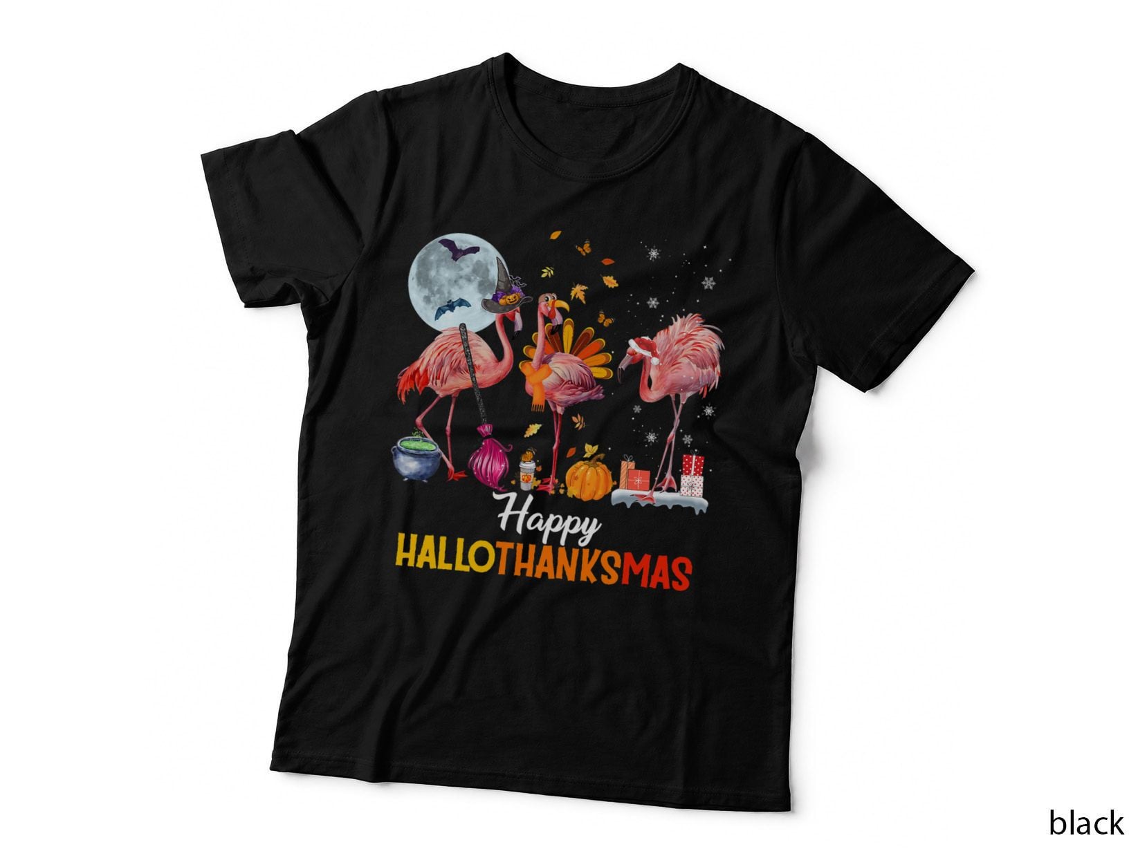 Flamingo Halloween and Merry Christmas Happy Hallothanksmas T-Shirt