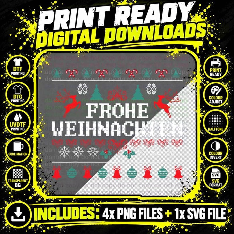 Frohe Weihnachten German, Merry Christmas Holidays Png SVG Digital Bundle